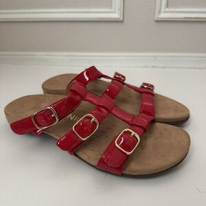 Vionic Cherry Red Patent Misa Adjustable Hook & Loop Slide Comfort Sandals 8